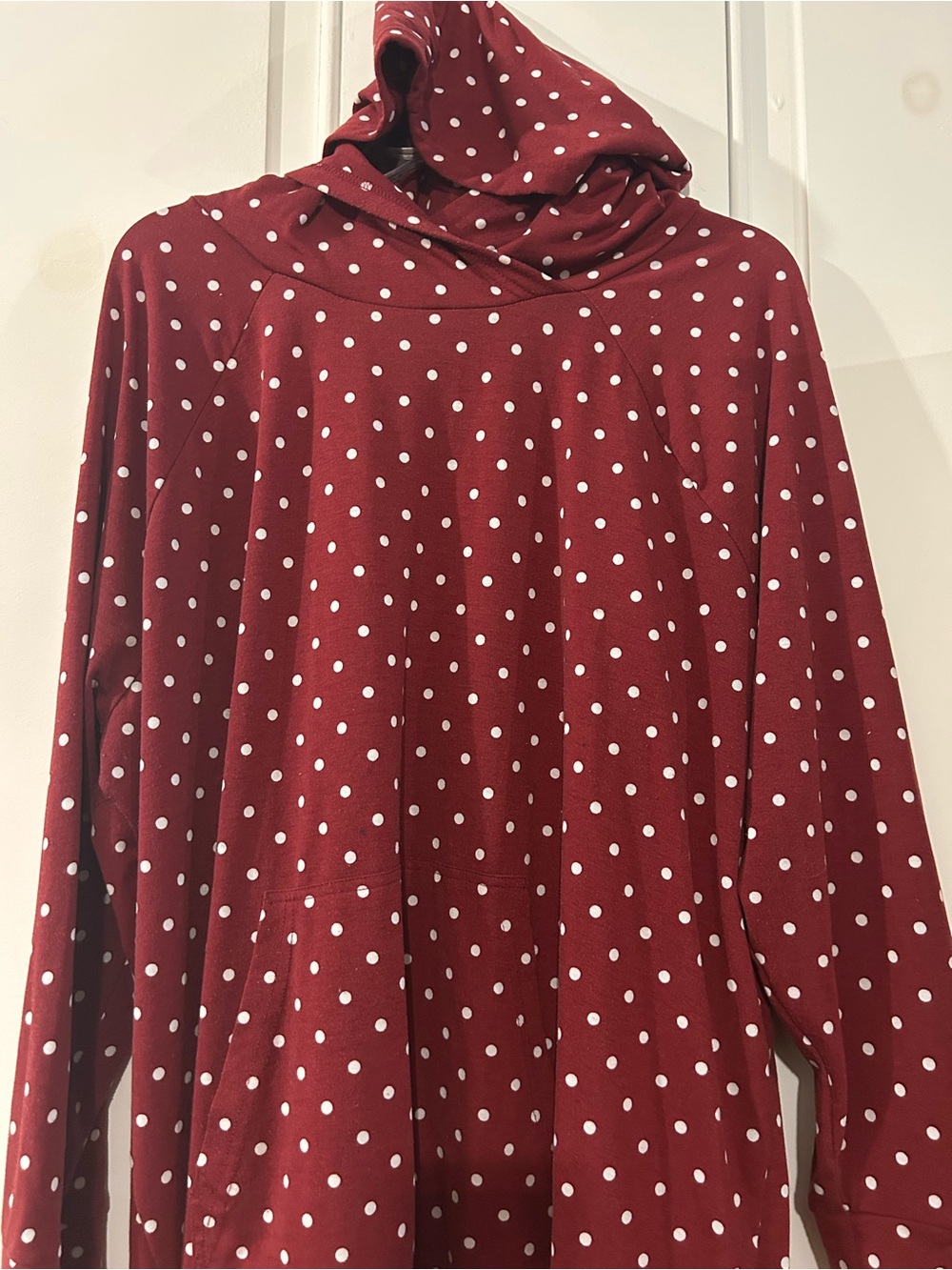 LuLaRoe Burgundy Hoodie with White Polka Dots